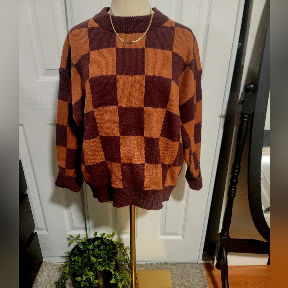Checkered Knit Sweater - Brown and Maroon